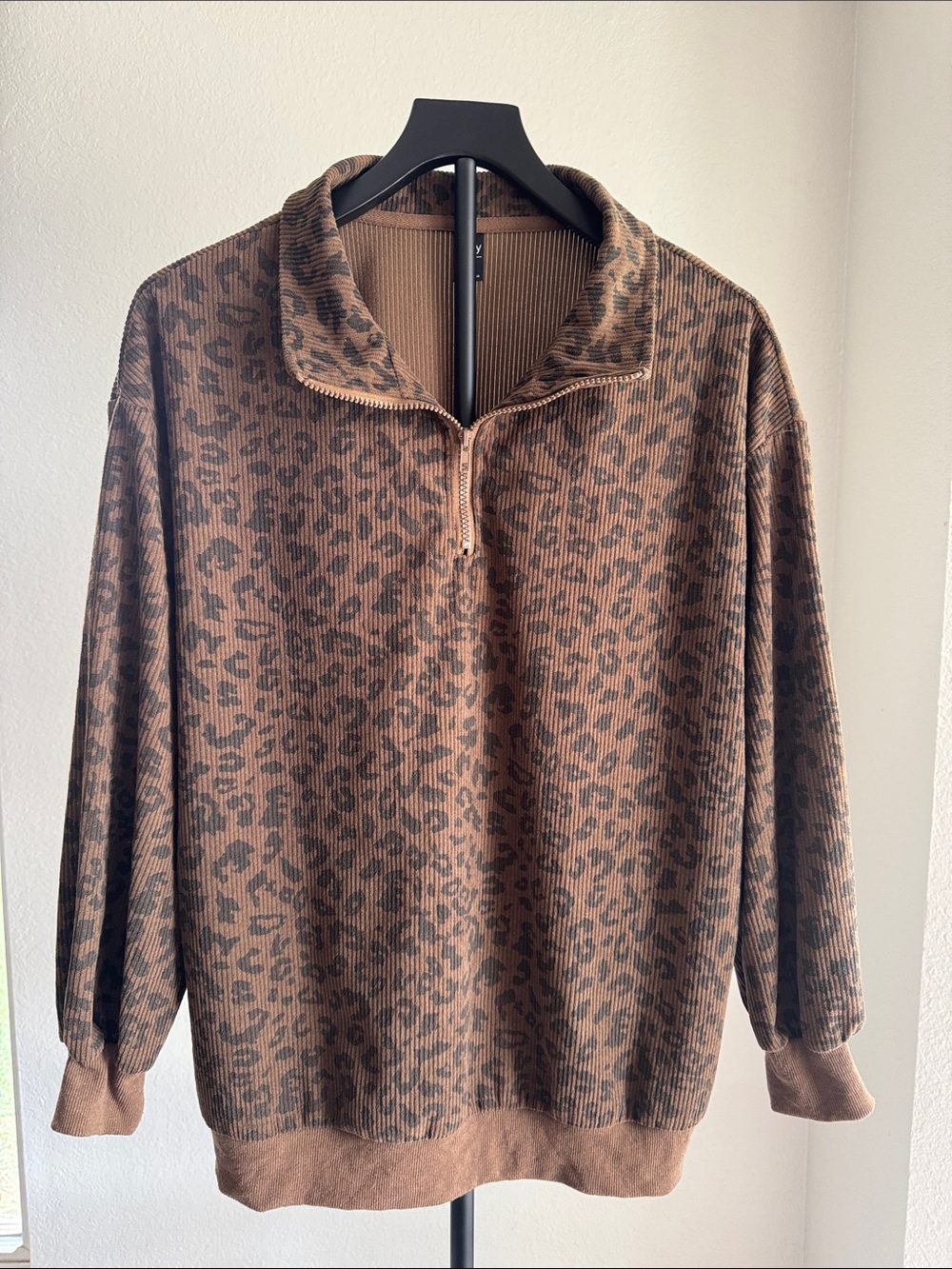 Brown Leopard-Print Half-Zip Sweater